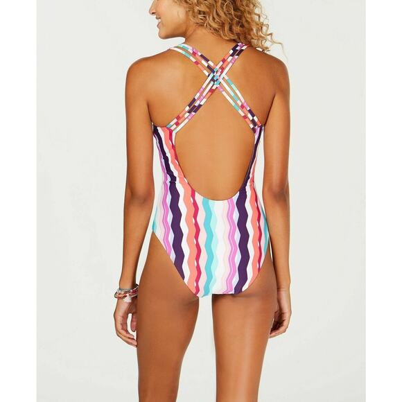 Bar III Waves Chevron Printed Strappy High Leg One-Piece Swimsuit S Teal Pink - Picture 2 of 7